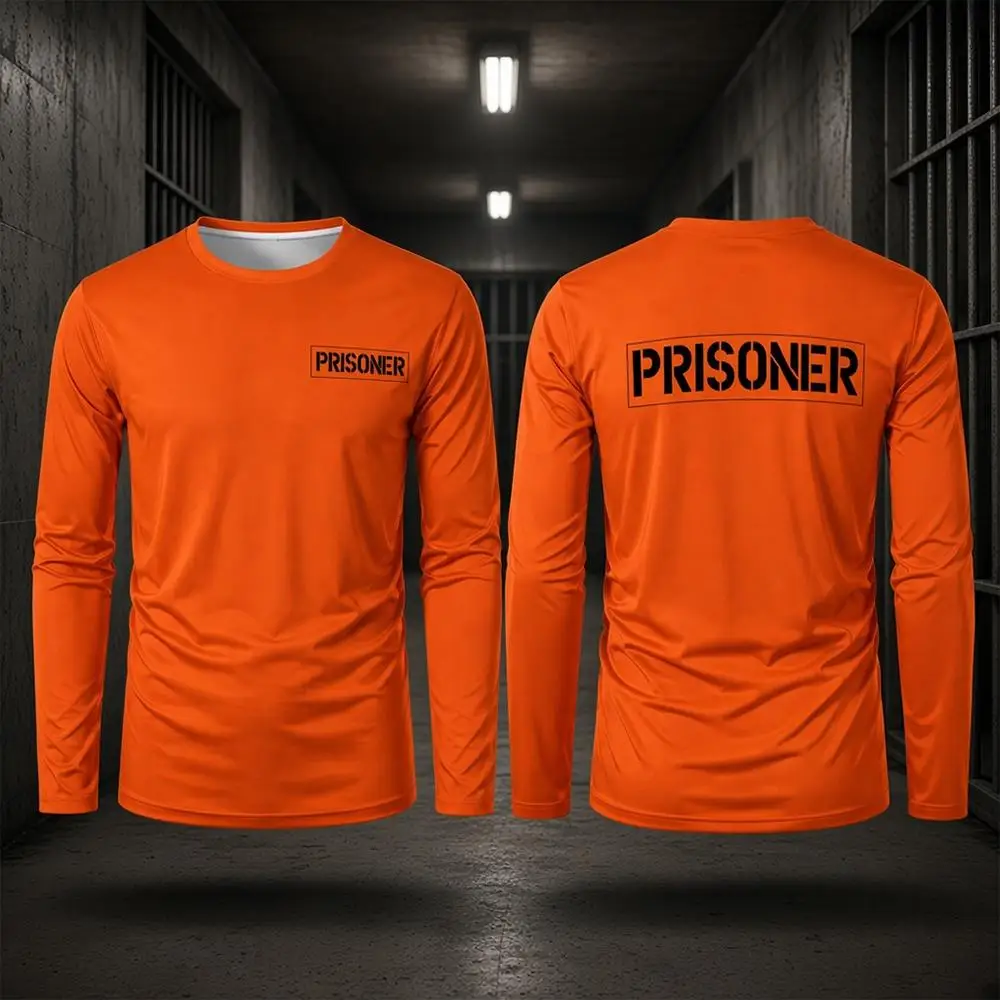 Men's Orange Prisoner Long Sleeve T-Shirt Halloween Party Cosplay Outfit Autumn Fun Fashion Prison Print Round Neck Costume