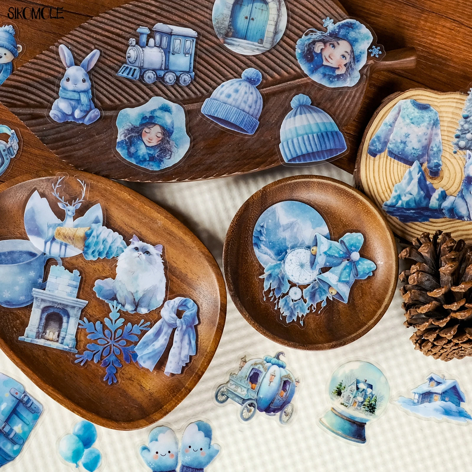 Paquete de 56 Uds de pegatinas transparentes de dibujos animados azules para invierno, Material impermeable para contabilidad de mascotas, pegatina decorativa de grafiti para cuaderno de coche