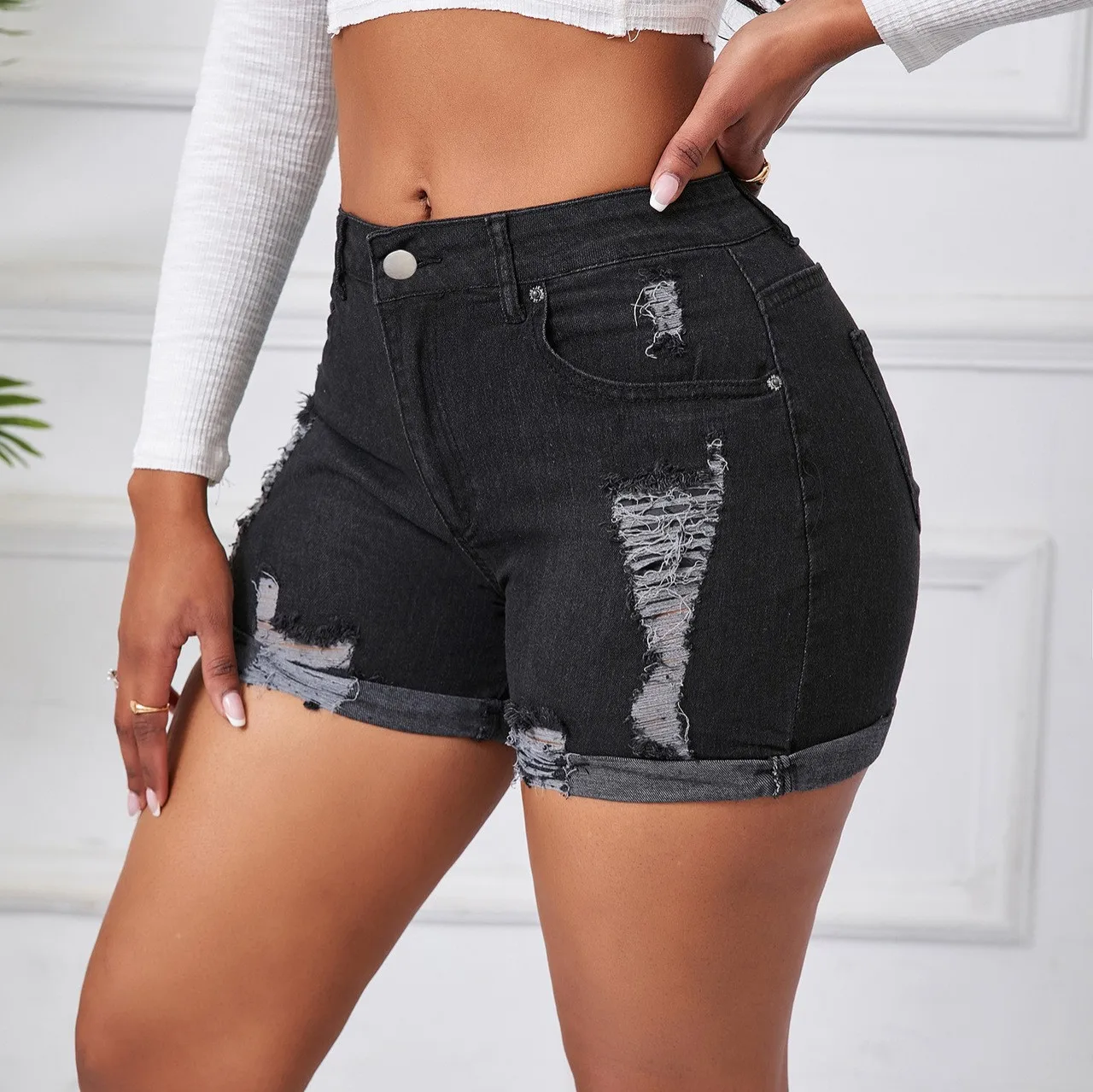 Distressed High Waist Jeans with Straight Leg Private Celebrity High Stretch Frayed Hem Regular Thickness Jeans Shorts for Women view 2