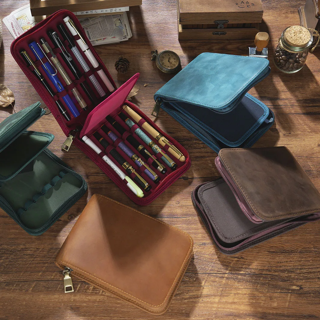Retro 12-slot Fountain Pen Case Handmade Genuine Leather Zipper Stationery Storage Bag Multi-functional Pencil Case Business Gif