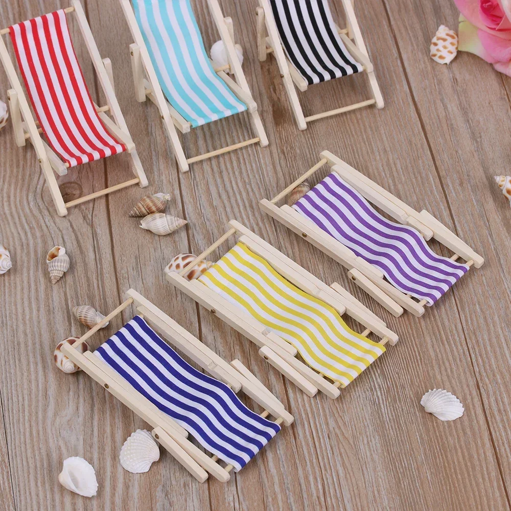 1PC Striped Wooden Lounge Chair DIY Foldable Deckchair Lounge Miniature For Dolls Beach Chair Toy 1:12 Dollhouse Furniture Decor