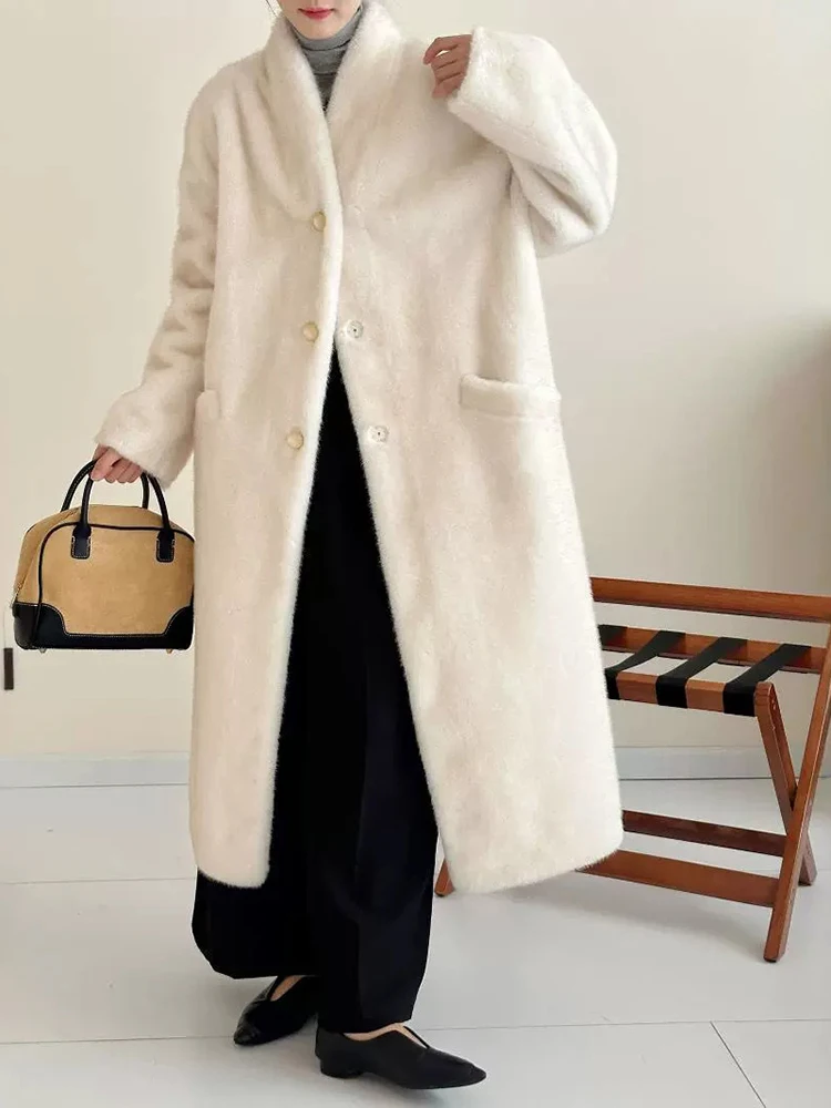 LANMREM Casual Imitation Mink Coat For Women Stand Collar Single Breatsed Solid Color Pockets Design Coats 2024 Winter New Z2627