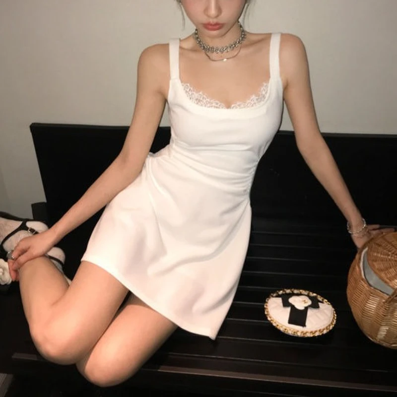 

French Lace Suspender Dress Female 2025 Summer Gentle Wind Stitching Slim Fold Waist Vest Short Skirt