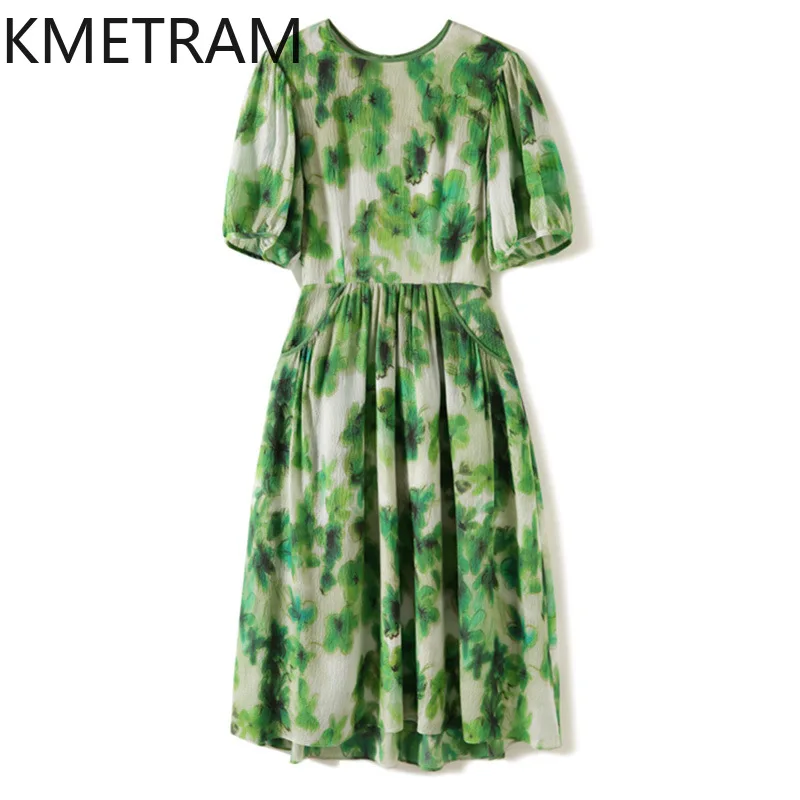 KMETRAM Mulberry Silk Floral Fairy Dress for Women 2024 Holiday Style High-end Women's Clothing Summer Mid-length Dresses New