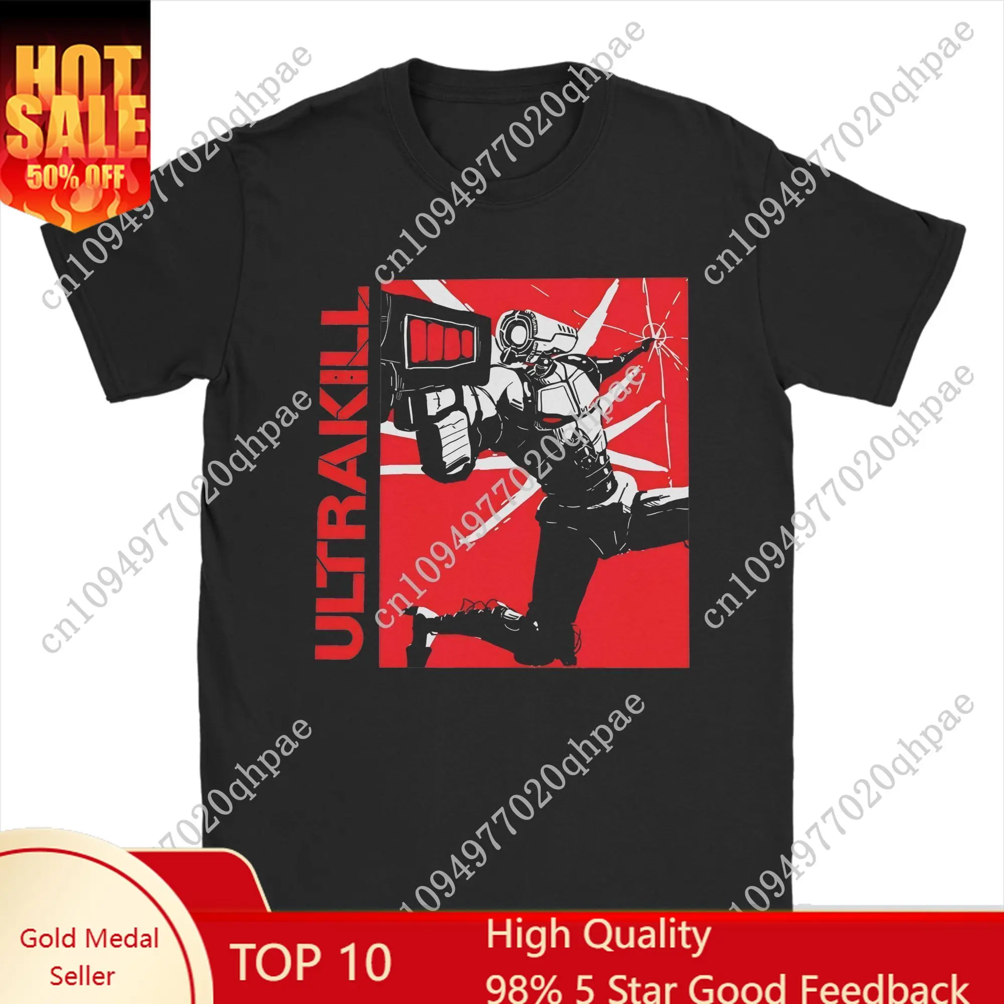 

Ultrakill Shooting Game T Shirts for Men Cotton Humorous T-Shirt Round Neck V1 Rock Tees Short Sleeve merch Graphic
