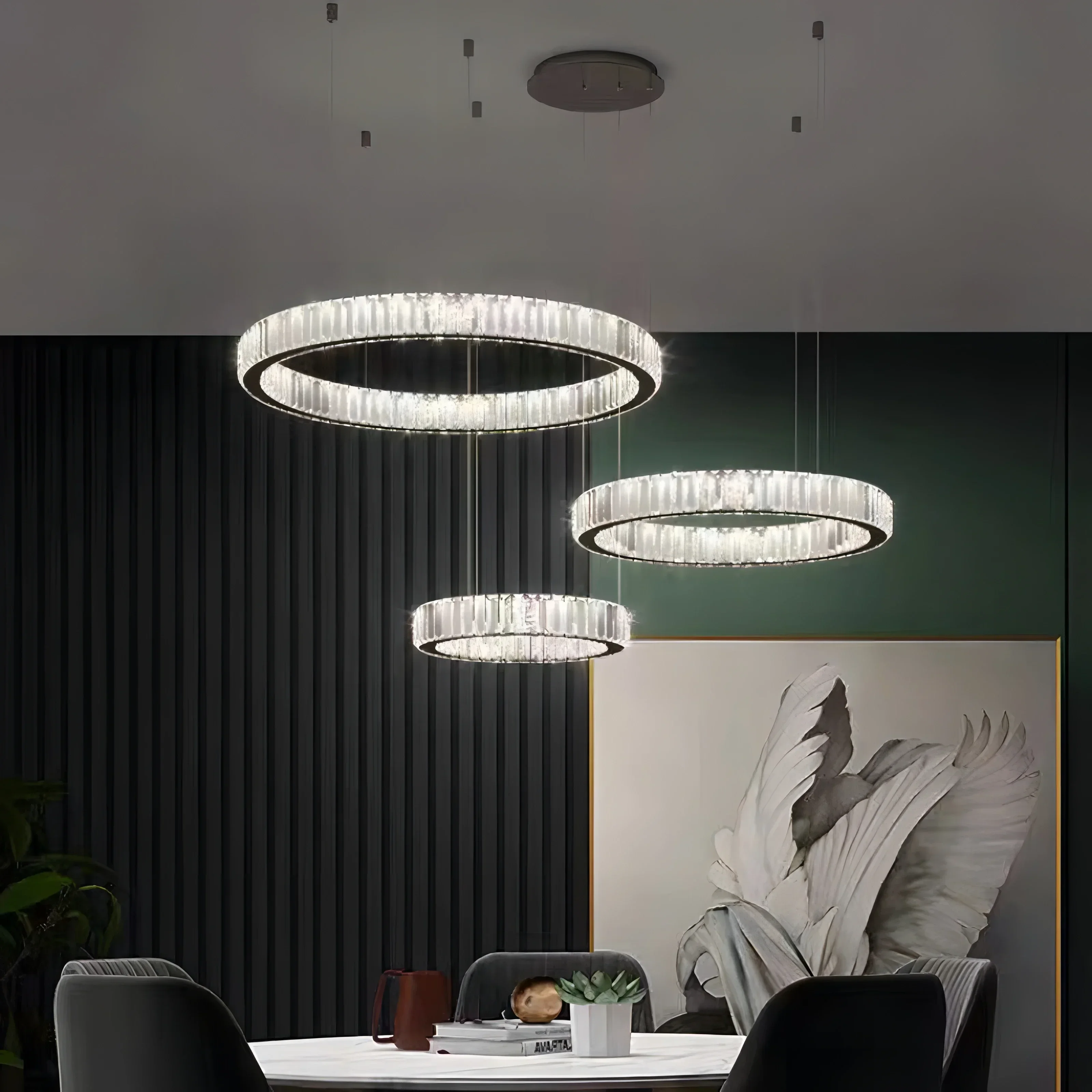 Luxo LED Lustres para Sala, Luzes Pingente, Lâmpada Suspensa, Crystal Lustre, Anéis de Aço, Arte Pendurada, Luminária