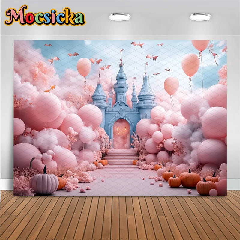 Mocsicka Halloween Fotografi Latar Belakang Balon Merah Muda Kastil Labu Dekorasi Pesta Baby Shower Anak Laki-laki Anak Perempuan Foto Latar Belakang Wallpaper