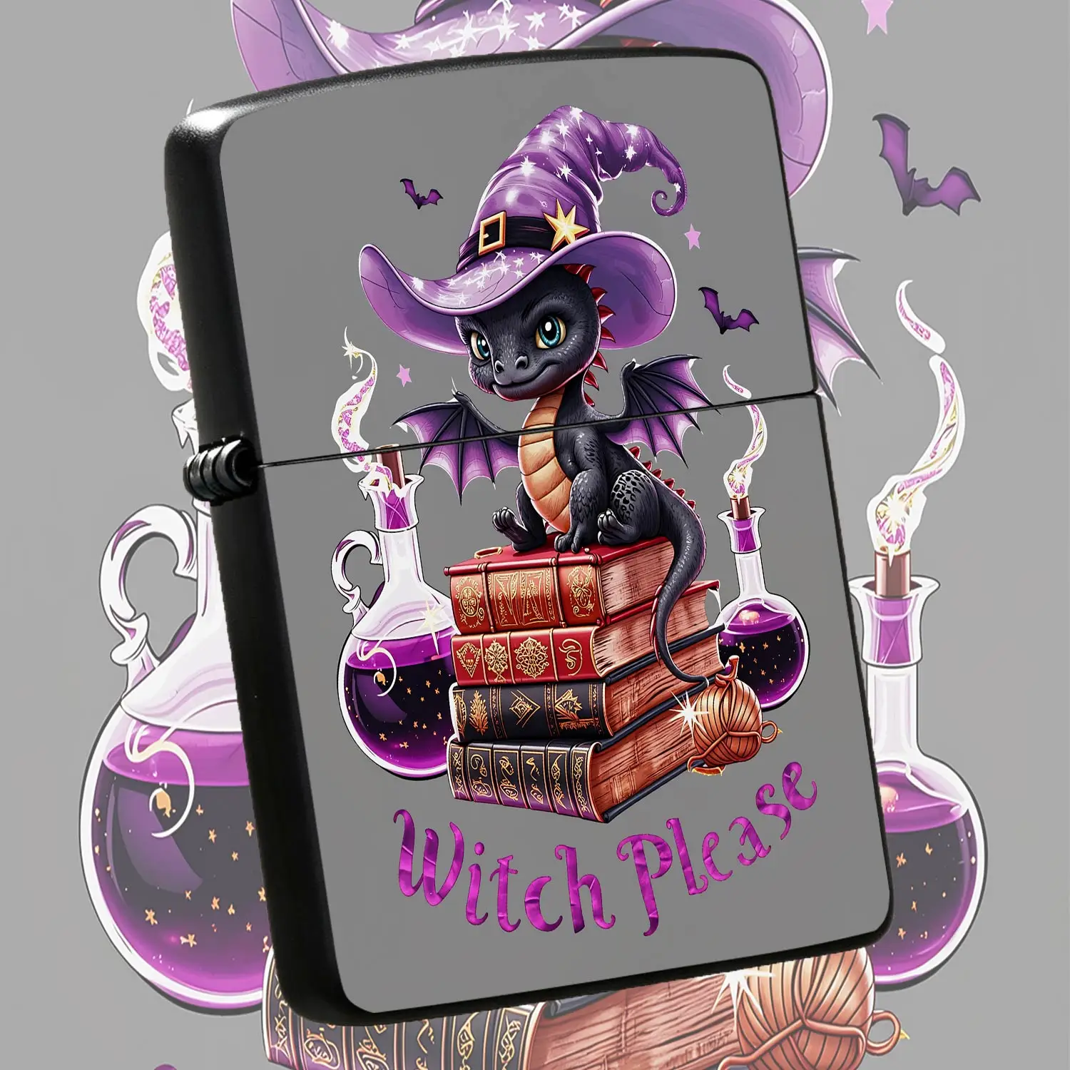 Cute Wizard Dragon Pattern Lighter, Purple Witch Hat Magical Design Pocket Lighter With Potion Book Witch Please Print, Portable Exquisite Decorative Accessory For Daily Use, Halloween Themed Creative Gift For Fantasy L A Humorous And Inter