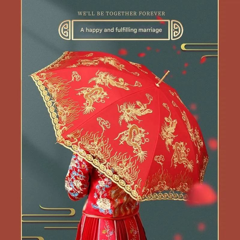 Luxury Chinese Wedding Umbrella Bridal Red Wedding Parasol Traditional Wedding Embroidered Bridal Dowry Umbrella