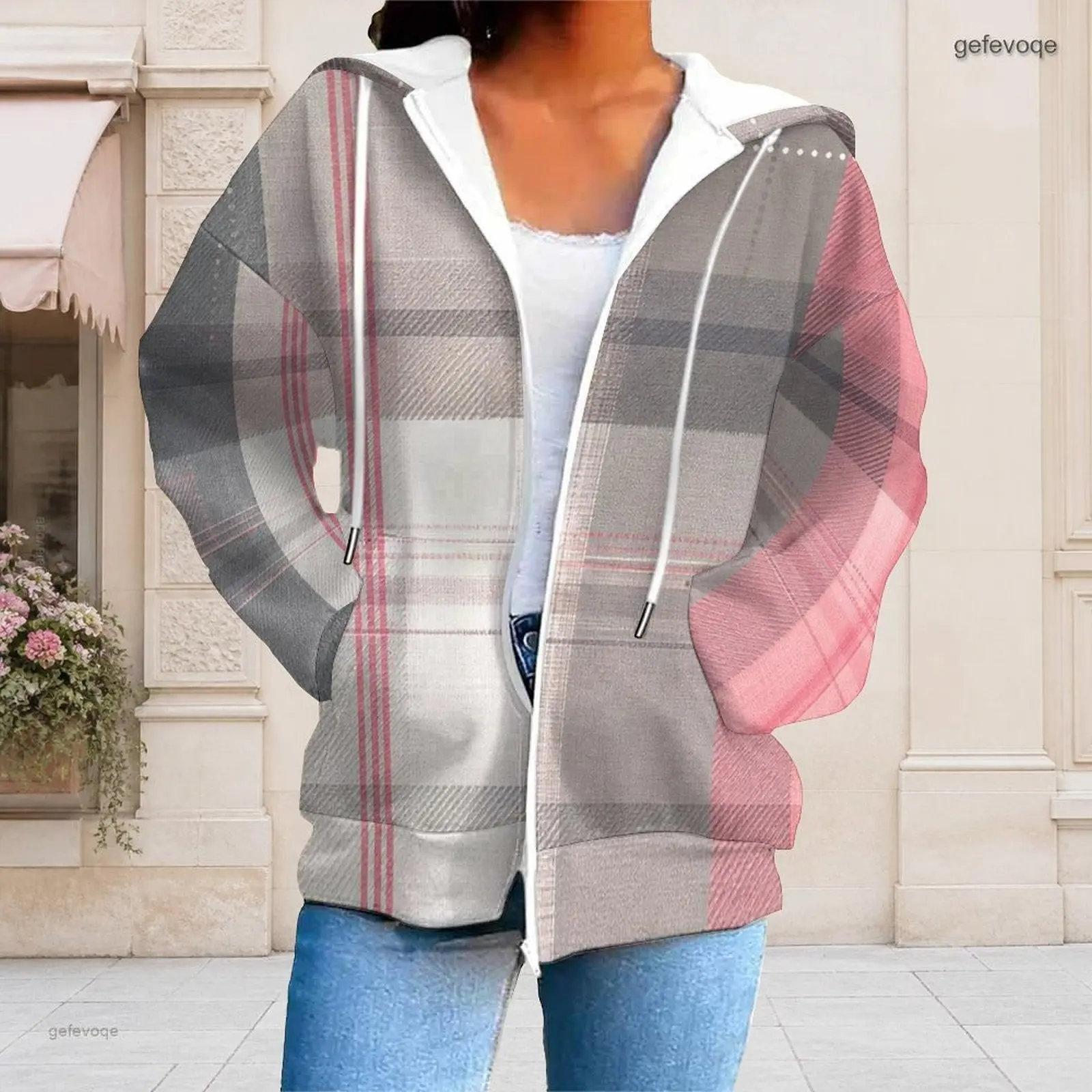 Women Dusty Pink Purple Off-white Plaid Geometric Printed Zip Up Drawstring Hoodie with Pockets