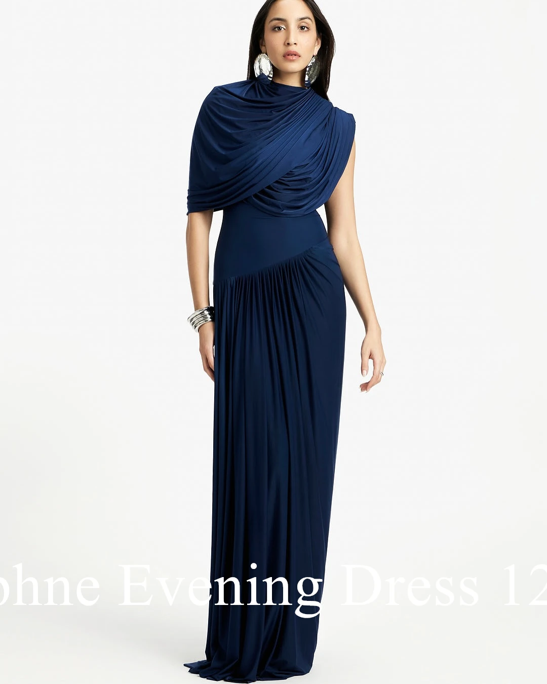 Customized Temperament Crew Neck Jersey Short Sleeves Evening Dresses Graceful Pleats Blue Vestido De Noche Vestido De Festa