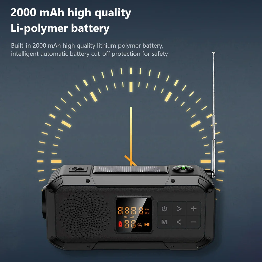 في الهواء الطلق المحمولة 2000mah 3 في 1 راديو الطوارئ كرنك اليد الطاقة الشمسية مصباح يدوي لمكبرات الصوت بلوتوث راديو Am/Fm البلاستيك