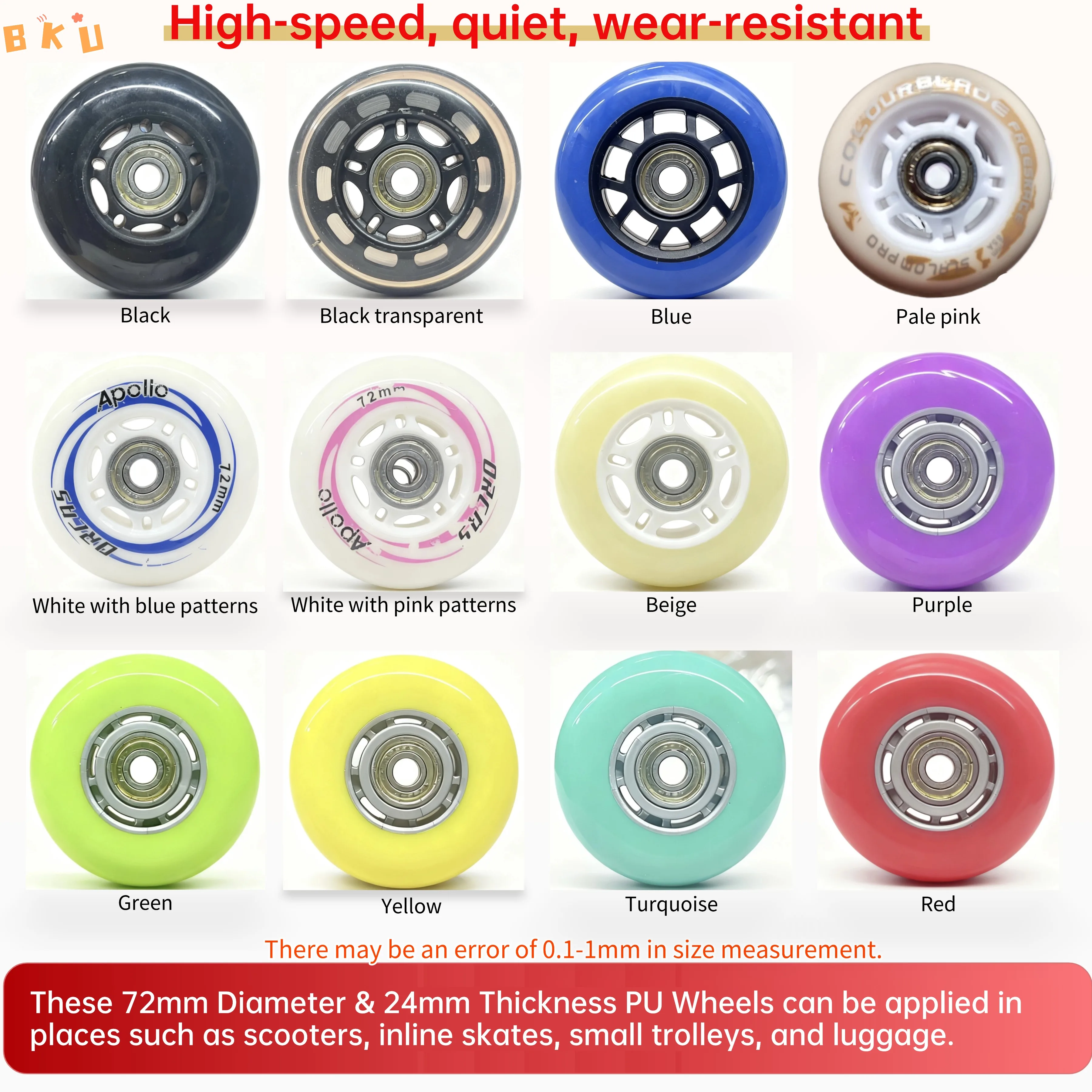 2 stuks 72 mm PU-wielen, hoge snelheid, stille slijtvaste vervangingswielen voor scooters, inline skates, trolleys, bagage