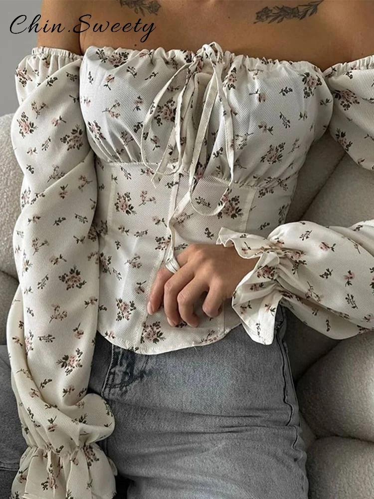

Chic Printed Lace Up Off Shoulder Tops Women Loose Flare Sleeve All-match Top Female 2025 Summer Autumn Lady High Street Clothes