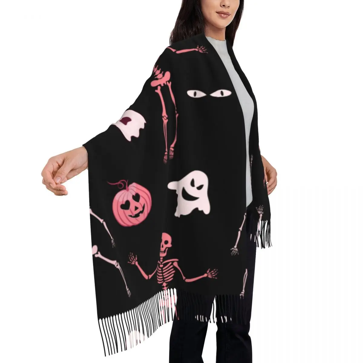 Personalized Printed Ghosts And Pumpkins Long Pile Fringe Men Scarf Women'S Anti Chill Scarf