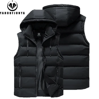 Men Autumn Sleeveless Outdoors Casual Solid Warm Vest Men Winter Detachable Hooded Fleece Pocket Zipper Fashion Vest Male Coat