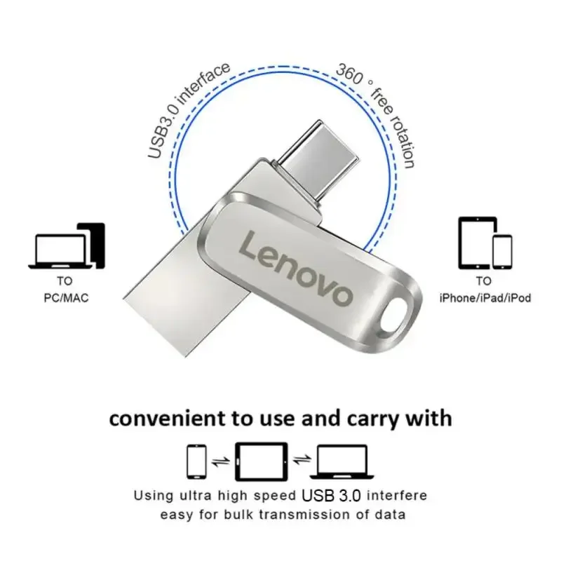 Lenovo TYPE C USB3.0 Flash Drive OTG 2 IN 1 USB Stick 1TB 2TB Pen Drive 128GB Pendrive Memory Disk With Free Key Ring For PC TV