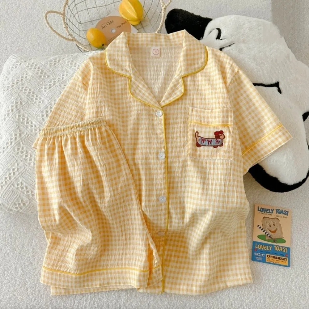 

Short Sleeve Cartoon Pajamas Set Kitten Animal Women Sleepwear Loose Buttoned Shirt Two Piece Nightwears Nightwear