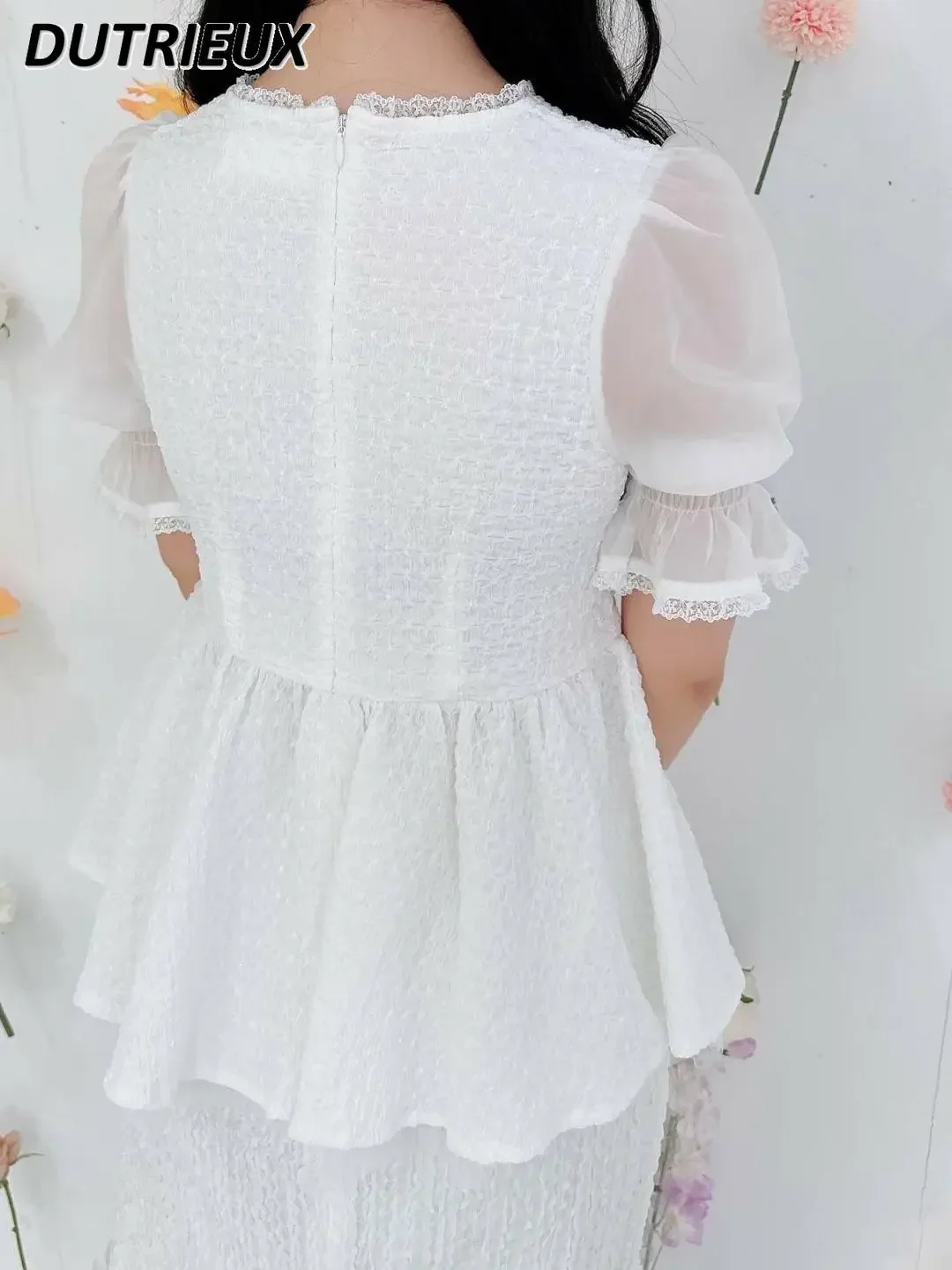 Japanese Rojita Sweet Cute Girl Hollow Bow Blouse Summer New Solid Color Lace Crew Neck Top Slimming Short Sleeve Shirt