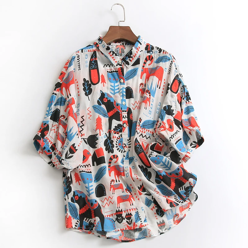 

Loose Printed Women Shirts 2022 Summer Vintage Lantern Sleeved Loose Elegant Female Outwear Top Quality