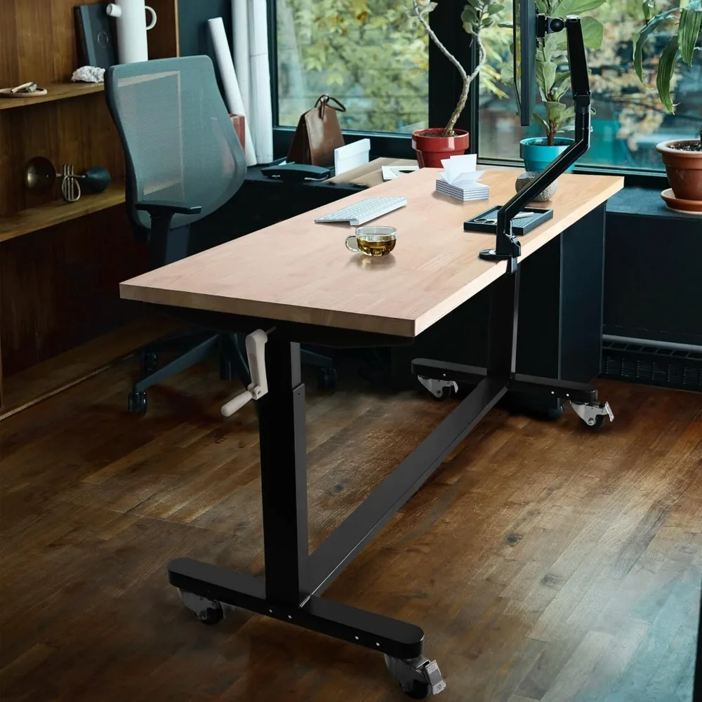 60” Height Adjustable Work Table with Crank Handle and Casters,60” x 24” Wooden Top Standing Desk Workbench,Heights from 29”-38”