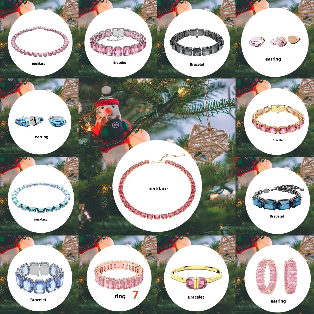 

2025 New Christmas Decorations Christmas Pendant Pendant SW Multicolor Square Necklace Bracelet Ring Earring Set Style