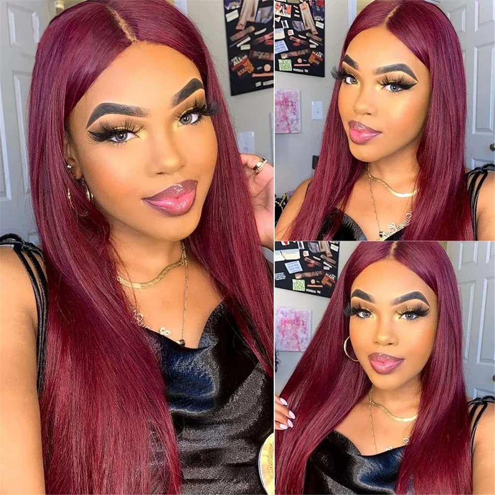 99J Straight 13x4 Lace Frontal Wigs Human Hair Brazilian Burgundy Red Colored Human Hair Wigs Preplucked 4x4 Lace Closure Wig