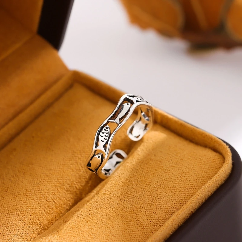 Open Band Fish Ring Copper Statement Accessory with Vintage Silver-Tone and Cutout Detail for Daily Wear and Mixed Accessory