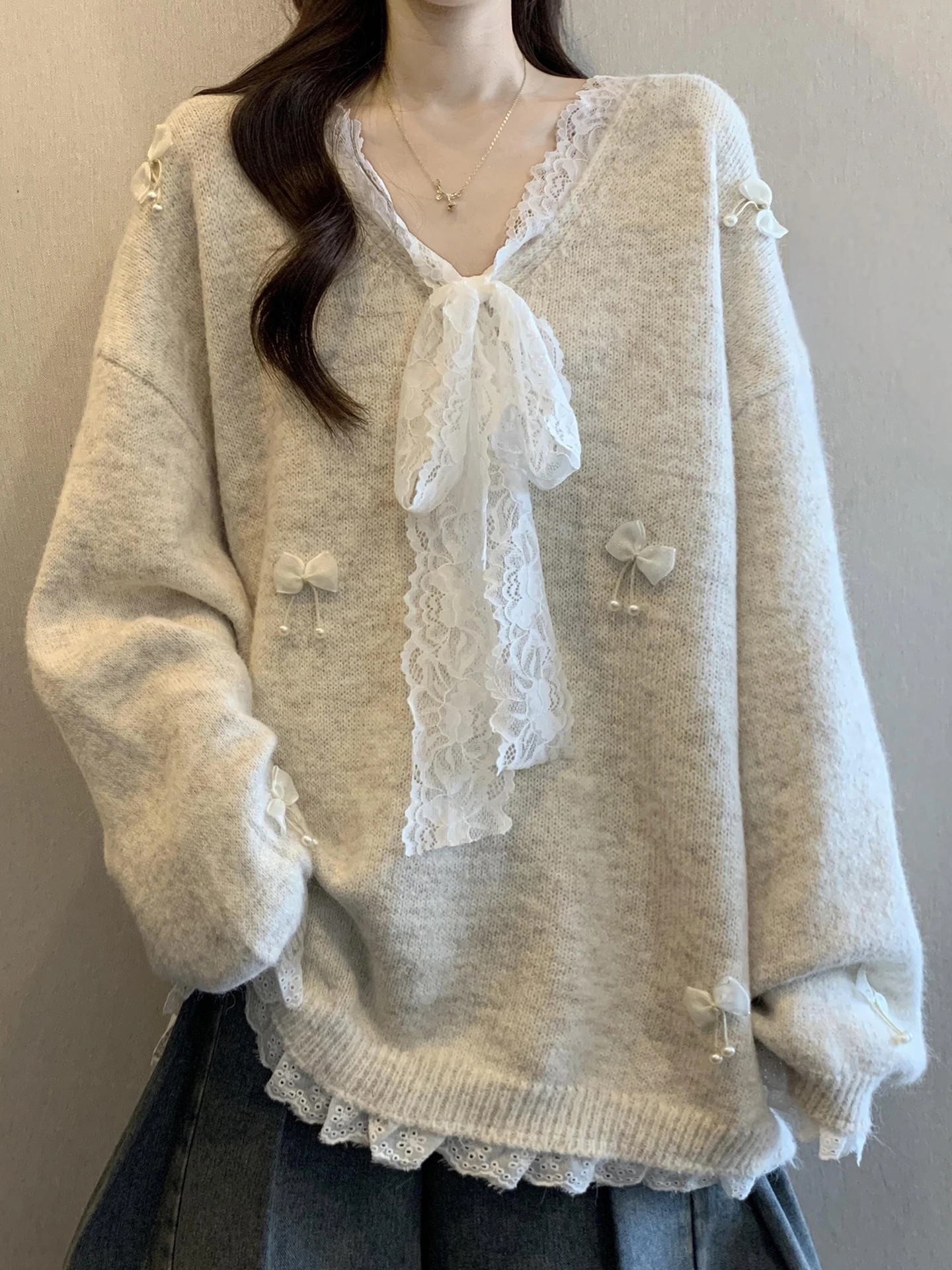 

Кружевной вязаный свитер с V-образным вырезом для женщин, осенне-зимний, больших размеров, свободный, удобный, с узлом, теплый, для повседневной носки, модный