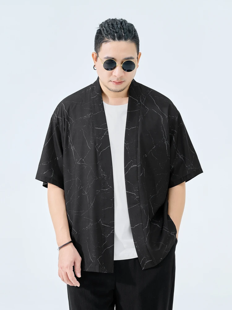 

New Chinese Sle f Ink Large Size Men's ort Sve Jaet Summer New Vintage Marble Pattern Print V-ne Loose Fit Coat
