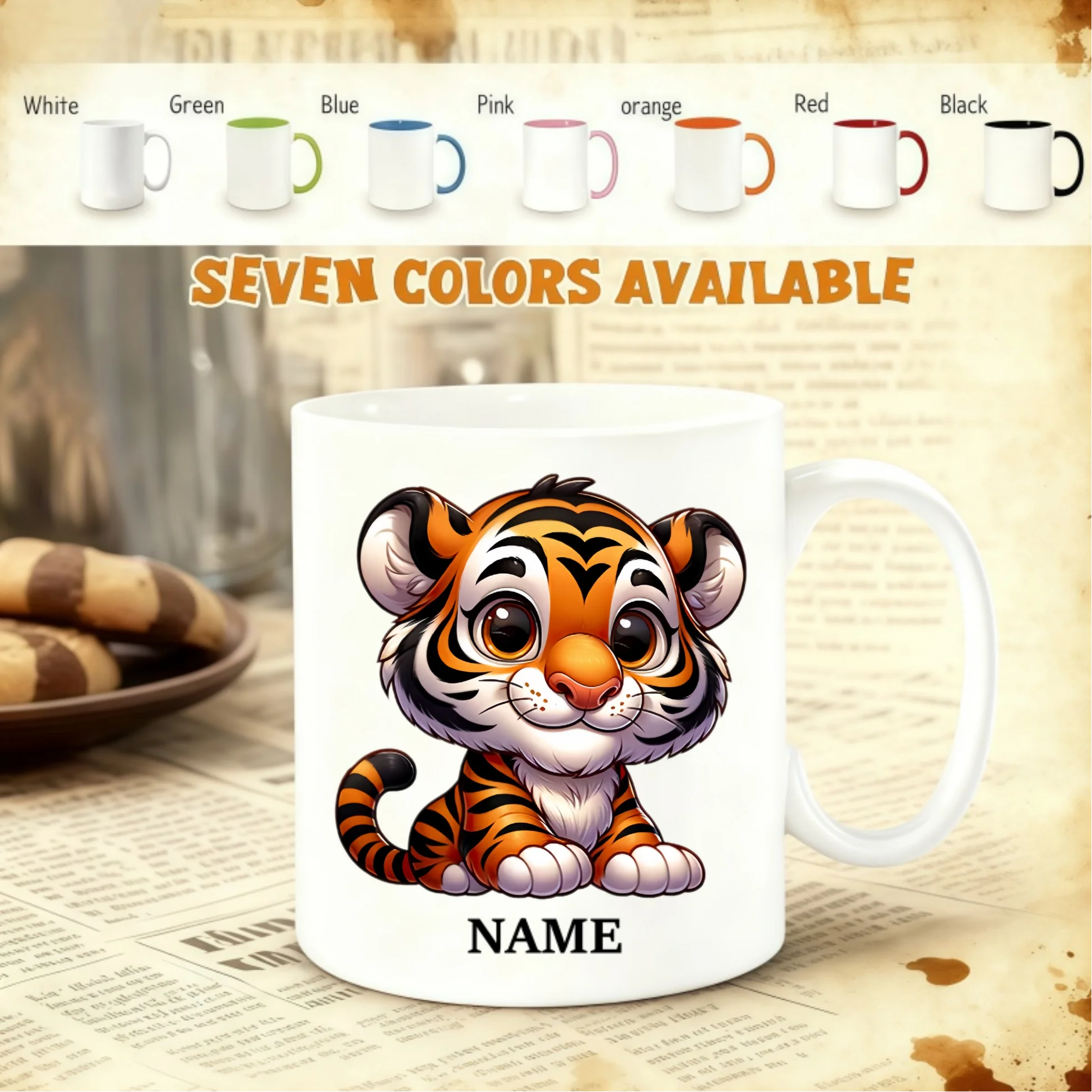 Customizable Name Mug - Q Version Baby Tiger Design - Washable Ceramic Coffee Cup - Perfect Birthday and Holiday Gift