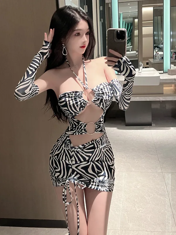 Dance Hanging V Neck Hollow Sexy Tight Wrap Hip Rockabilly Animal Print Dress Women Trendy Clothes Chic Off Shoulder New 39G2