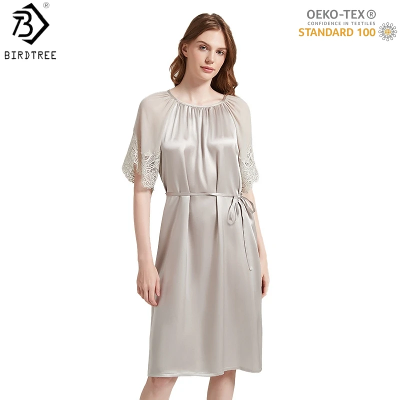 

BirdTree, OEKO-TEX, 19MM 100% Silk Pajamas Dresses, Women Plain Satin Sash Dress, O Neck Homewear, Casual Nightdress D61010JF