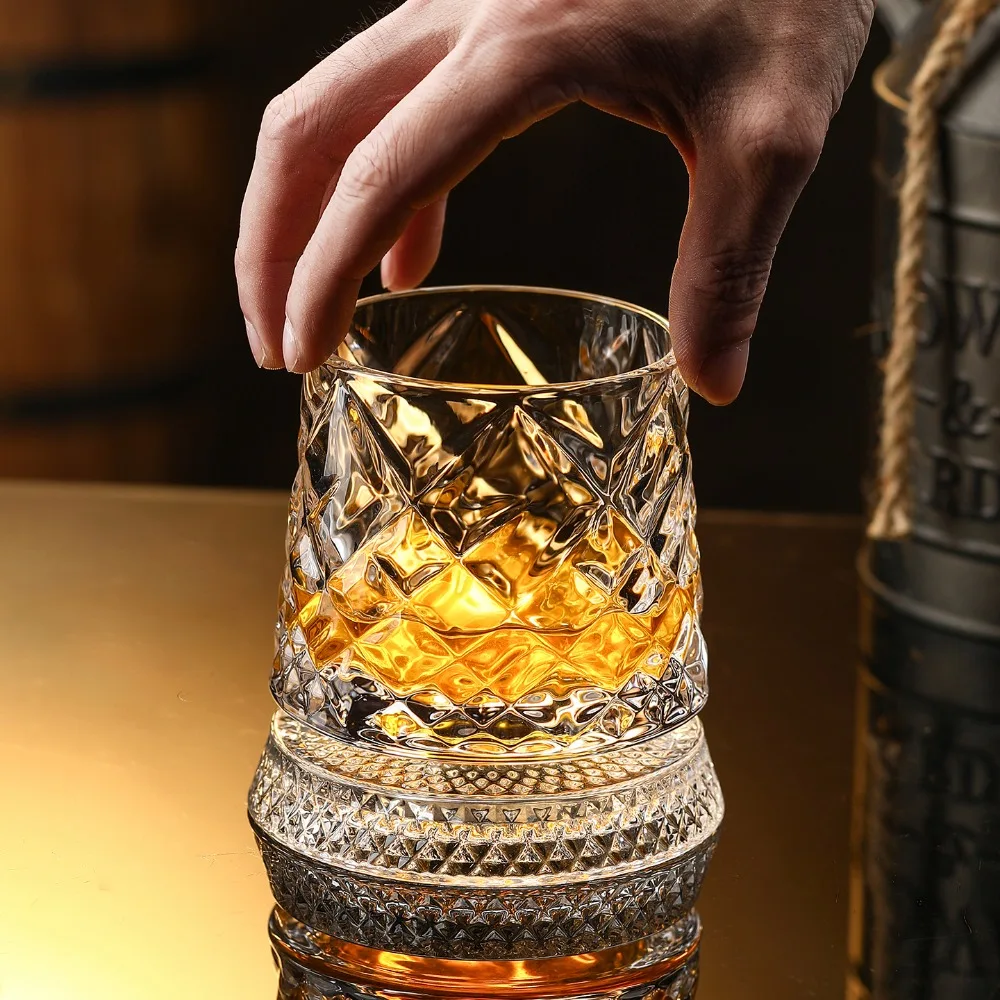 

Luxury Rotating Whiskey Glass Set -Exquisite Crystal Goblet, RetroSpinning Stand &CoasterThe Ultimate Gift forWhiskeyEnthusiasts
