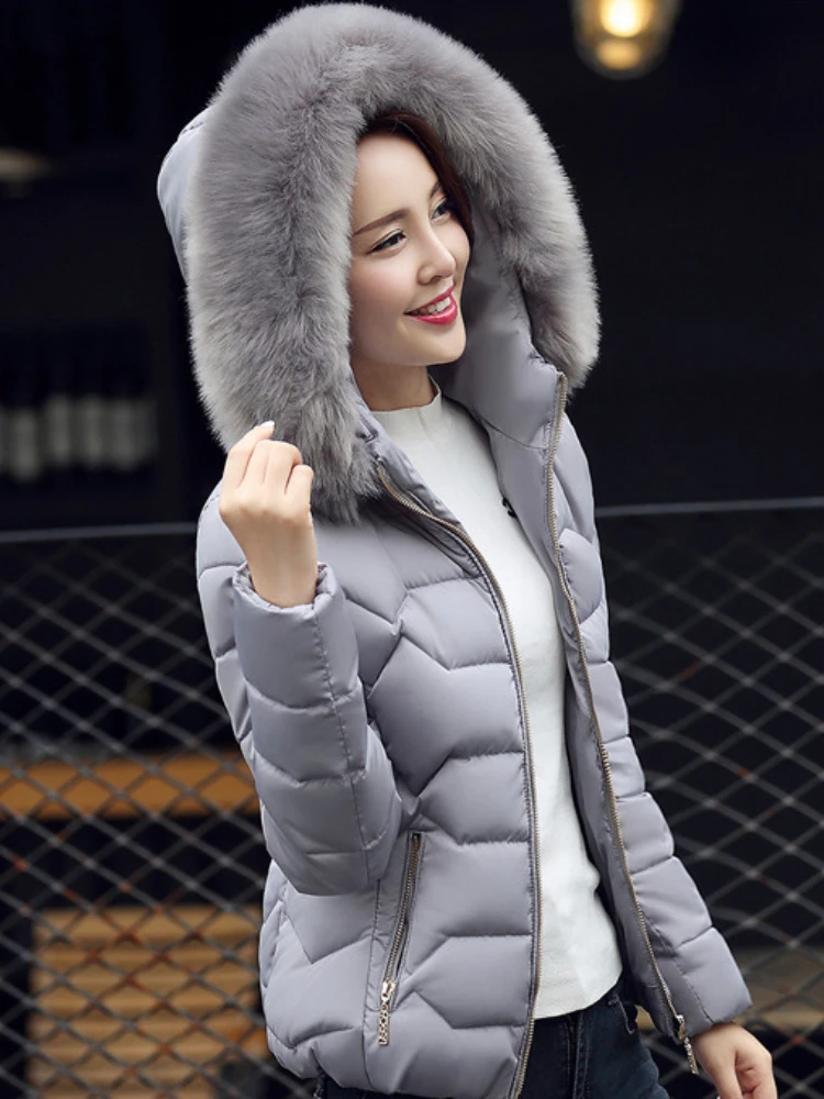 Women\'s Winter Jacket Padding Down Cotton Jacket New Korean Fashion Parkas Hooded Short Fur Collar Coat Warm Winter Coat Women