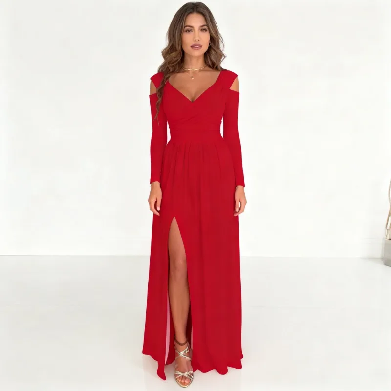 Elegancka czerwona sukienka damska z dekoltem w serek, asymetrycznym krojem, odkrytymi ramionami, łączona, długa spódnica, nowa kolekcja wiosna-jesień, długi rękaw, rozcięcie z dołu.