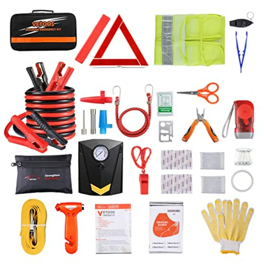 Car Roadside Emergency Kit with Jumper Cables Auto Vehicle Safety Road Side Assistance Kits Winter Car Kit for Women and Men wi