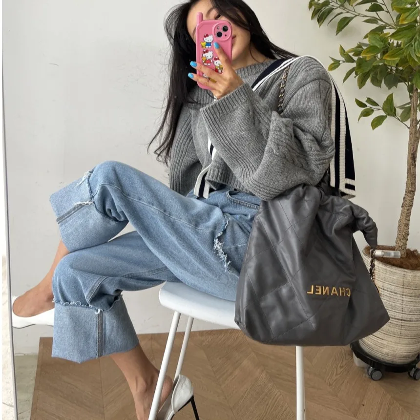 Adjustable Cuffed Ripped Straight Leg Jeans High Waist Nine Points Blue Denim Pants Women's Fashion Spring Autumn Winter