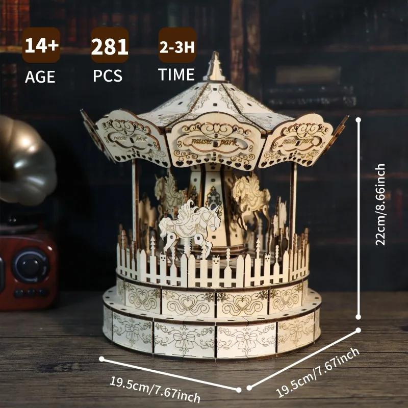 Music Park 3D Wooden Puzzle Carousel Music Box DIY Hand Assembled Mechanical Model Kit Carousel Music Box Christmas Gift