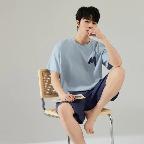 새로운 잠옷 남성 여름 반팔 반바지 순수 코튼 풀 프레임 코튼 라운지웨어 세트