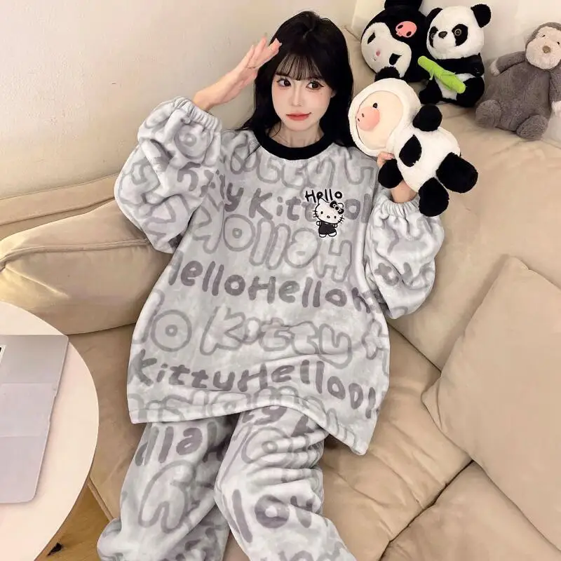 

Пижама Sanrio Kitty из фланели и кораллового флиса для женщин, осенне-зимняя, плюшевая, утолщенная, можно носить на улице, теплая