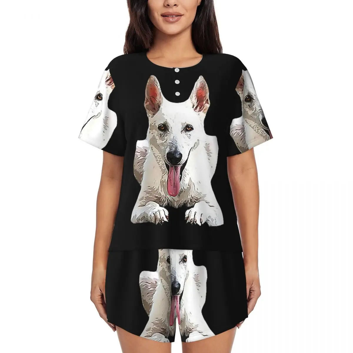 

White Swiss Shepherd White German Shepherd Round Neck Short Sleeves Nightdress for Sleepshirts Women Soft Pajama Set Short Pants