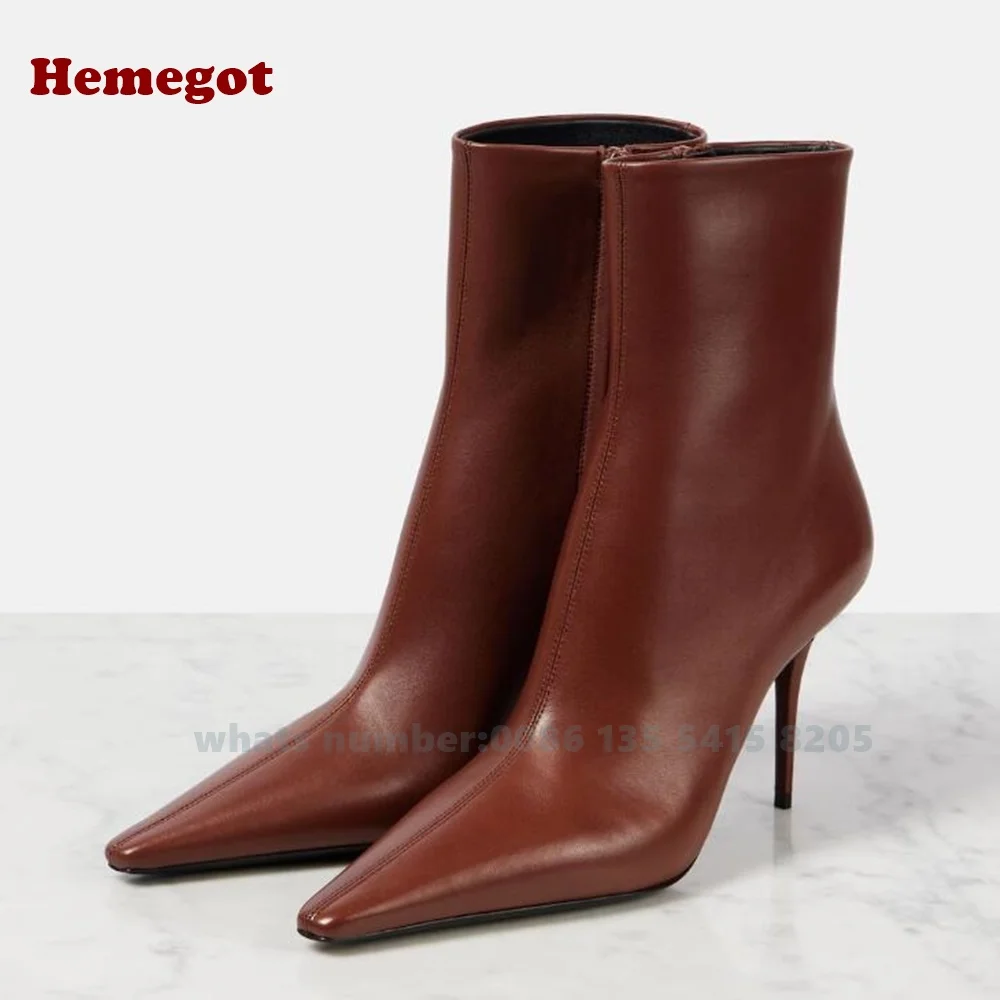 Red Brick Glossy Ankle Boots Pointed Toe Side Zipper Women's Short Booties Thin High Heels Solid Winter Designer Shoes Plus