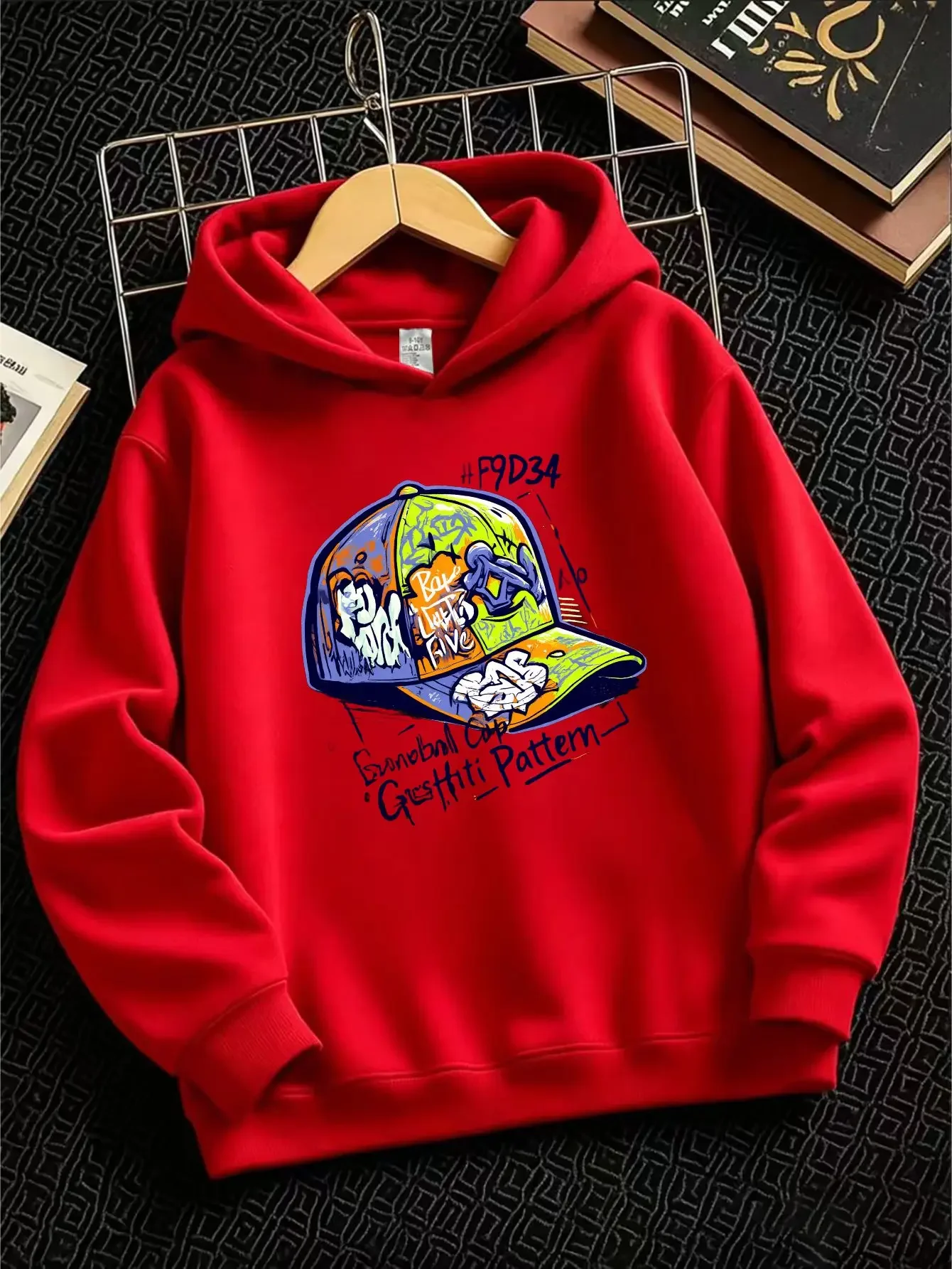 Kids Graffiti Baseball Cap Graphic Hoodie Boys Girls Street Art Hat Print Unisex Loose Autumn Winter Hooded Sweatshirt