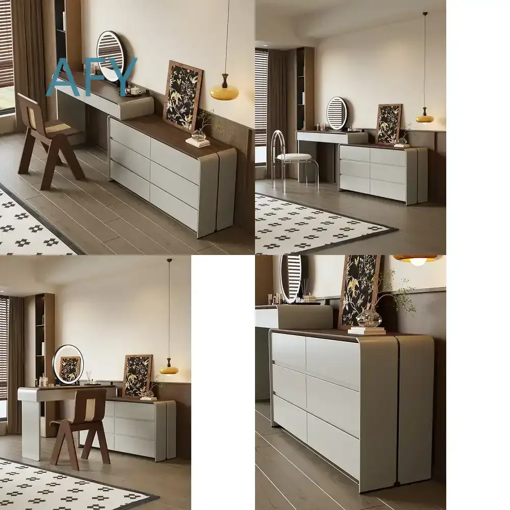 Solid Wood Panel Dressing Table with Storage Cabinet LED Mirror for Italian Minimalism Telescopic Luxury High-end Master