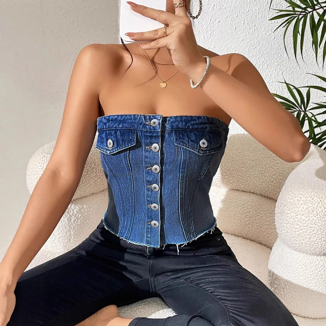 Denim Strapless Top Women Sleeveless Crop Tops Sexy Backless Single Breasted Washed Distressed Streetwear Y2k Camis Tanks Summer