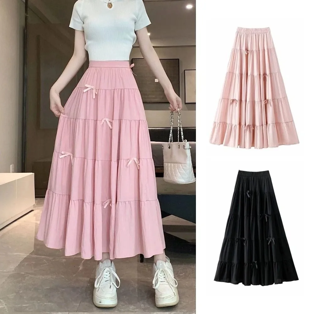 

Fashion Bowknot Tiered Midi Skirt Hight Waist Solid Color Long Cake A-line Skirts Chic Pleated Seven Point Long Dress Girl