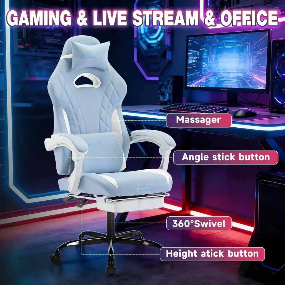 Ergonomic Gaming Chair with Ottoman and Massage Lumbar Support, Cyan White Office Video Game Chair view 5