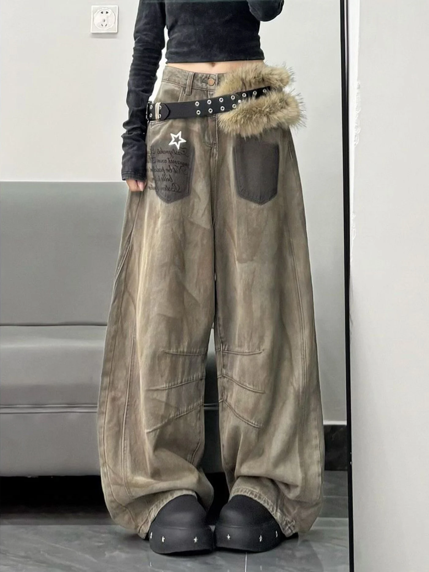 High Waist Wide Leg Jeans Women's Autumn New Style Hip Hop Loose Lazy Style Student Floor Length Pants American Style Denim