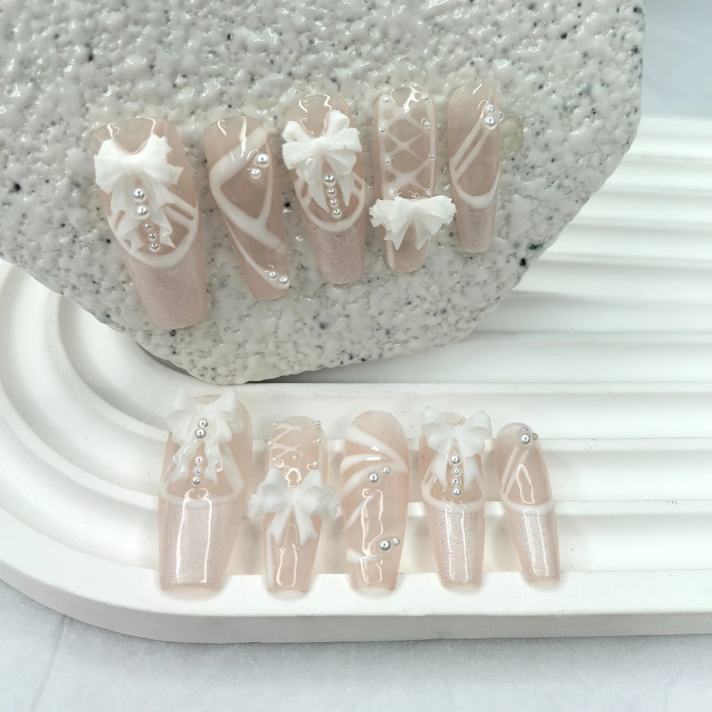 10 Pieces Elegant Wedding Princess Pearls Glitter Handmade Press On Nails 3D Bow French Ballet Fake Nails Removable Reusable